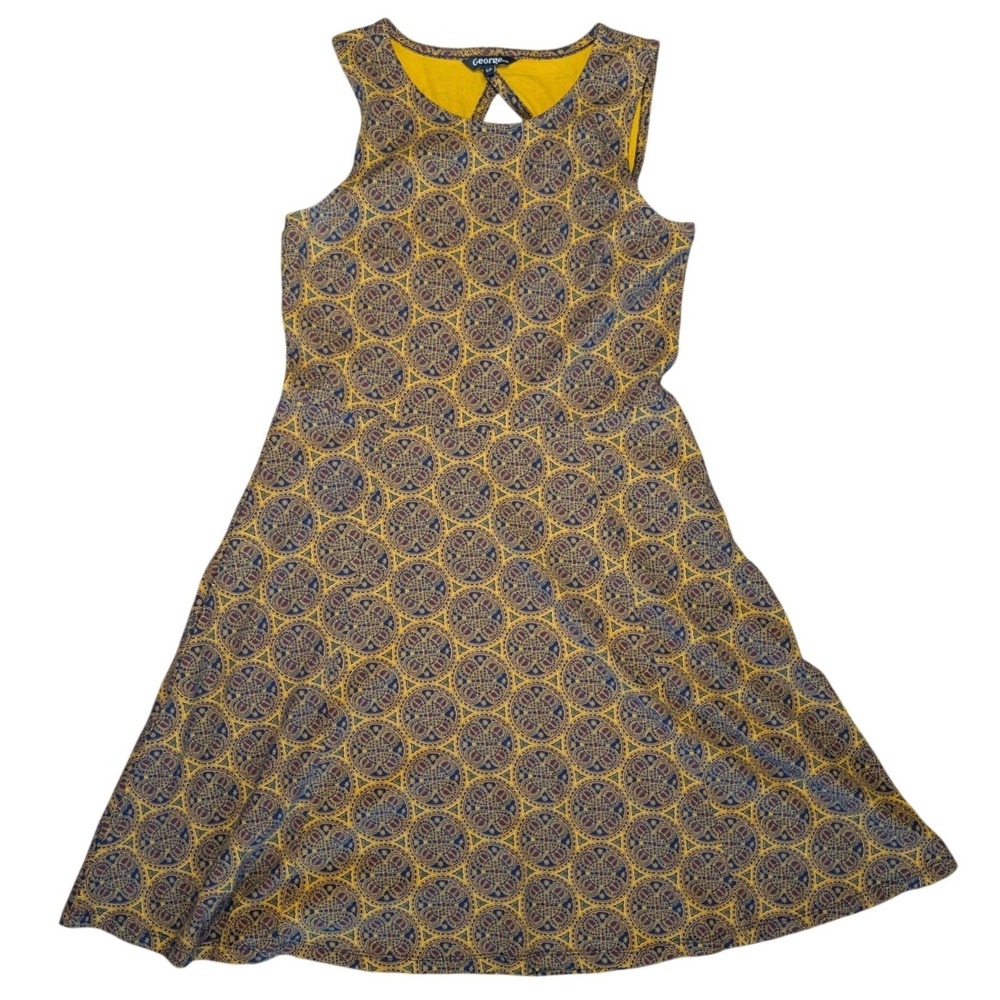 George Small Sleeveless A Line Midi Mustard Yellow Blue Patterned Dress